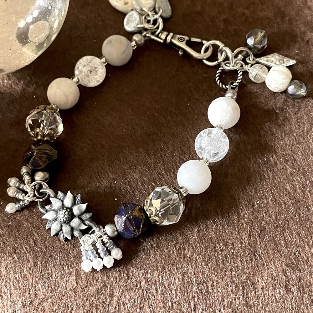 OOAK handmade crystal crackle bracelet with white lace agate and charms